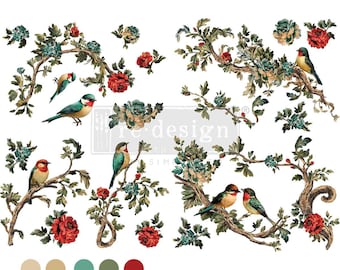 May include: Decorative transfer featuring colorful birds perched on branches with red roses and teal accents. The design includes floral elements and the text "re-design with prima". The color palette includes teal, red, and gold.