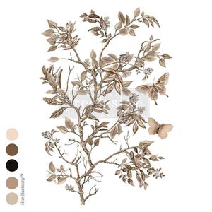 May include: A detailed illustration of a tree branch with leaves and two butterflies in shades of brown and beige. The design has a vintage aesthetic, with a color palette of beige, brown, and black. The words "Hue Harmony" are in the lower left corner.