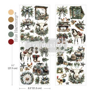 May include: A set of decorative transfer decals labeled Hue Harmony and re-design with illustrations of farm animals, including cows, horses, and roosters, alongside winter greenery, pinecones, plaid bows, a tractor, and a wagon wheel, measuring 8.5 by 11 inches.