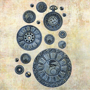 May include: A collection of vintage-style clock faces and gears, with Roman numeral markings, in shades of silver and gray on a textured beige background.