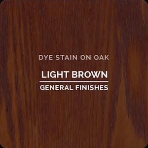 May include: A close-up of a light brown wood stain on oak. The stain is labeled "Light Brown" and is a product of General Finishes.