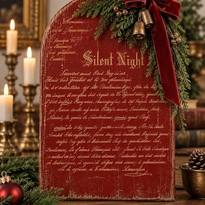May include: A red arched wooden sign featuring the gold text Silent Night and cursive script. The top right corner is decorated with green pine branches, small gold berries, two small metal bells, and a deep red velvet ribbon bow.