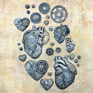 May include: A collection of silver-toned metal hearts with intricate gear designs. The hearts are arranged in a heart shape on a textured background.