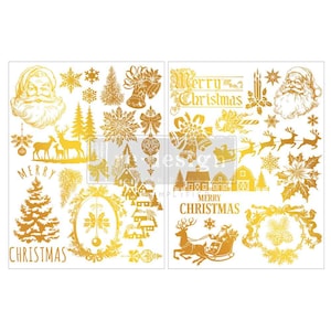 May include: A sheet of gold-colored decals featuring various Christmas-themed illustrations including Santa Claus faces, reindeer, pine trees, snowflakes, bells, houses, and the text Merry Christmas in a decorative font style throughout the design.