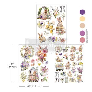 May include: Three sheets of decorative transfers featuring watercolor illustrations of bunnies, flowers, and bows. The sheets measure 11 inches (27.9 cm) in height and 8.5 inches (21.5 cm) in width. The color palette includes shades of purple, yellow, and pink.