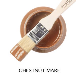 May include: A jar of Chestnut Mare Fusion Mineral Paint with a paintbrush dipped in the paint. The paint is a rich brown color.