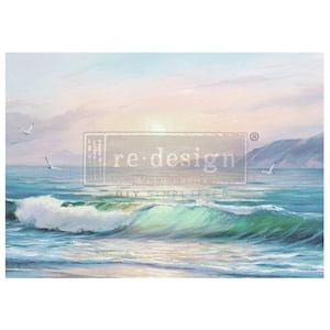 May include: A painting of a seascape with a bright blue sky and a turquoise wave crashing on the shore. The sun is setting in the distance, casting a warm glow on the water. The text "re.design with prima diy simplified" is visible in the lower center of the image.