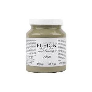 May include: A 16.9 fl oz bottle of Fusion Mineral Paint in the color Lichen. The paint is a light green-grey color and is labeled with the Fusion logo and the name of the color.