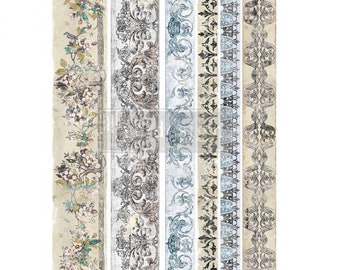 Könnte beinhalten: Eine Sammlung dekorativer Papierstreifen mit floralen und ornamentalen Vintage-Designs. Die Streifen weisen verschiedene Farbpaletten auf, darunter Beige, Grau und Blau, mit komplizierten Mustern und Texturen. Ideal für Scrapbooking- und Bastelprojekte.