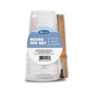 May include: A clear plastic mixing cup set with a label that reads "MIXING CUP SET". The set includes six 8 oz cups, six stir sticks, and three craft brushes. The cups have red measurement markings.