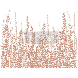 May include: A digital design featuring a silhouette of a field of tall grass with delicate leaves in a muted pink color against a white background.