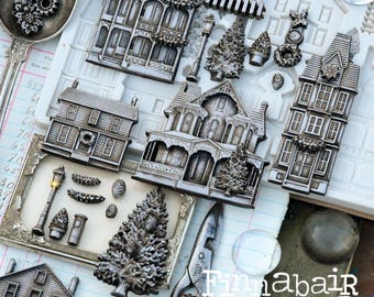 Winter Town – 1 pc, 5″x8″x8mm –Finnabair- ReDesign With Prima - Resin, Epoxy, Clay, Baking, Crafts, Ornaments, Molding, Embellishment