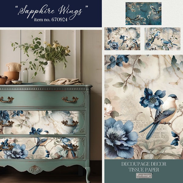 Decoupage Tissue Paper Pack – Sapphire Wings  - ReDesign With Prima - Furniture Upcycling - DIY Decor - Decoupage Craft - Flipping