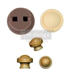 May include: Four knobs, two are brown silicone molds, one is a beige plastic knob with a beaded edge, and two are gold metal knobs with a beaded edge and a distressed finish.