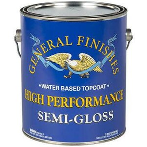 K&ouml;nnte beinhalten: Eine blaue Dose General Finishes High Performance Semi-Gloss, ein wasserbasierter Decklack.