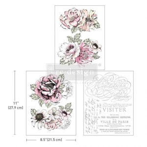 May include: Floral transfer sheets featuring peony and other flower designs in pink, white, and green. The sheets are 11 inches (27.9 cm) tall and 8.5 inches (21.5 cm) wide. One sheet includes the word "VISITER" and other text.
