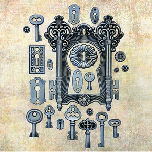 May include: A collection of antique silver-toned keyhole and key designs. The keyholes are ornate and feature intricate details. The keys are various sizes and shapes, with some having decorative handles.