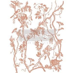 May include: A digital stamp featuring a delicate design of birds, flowers, and vines in a warm peach color. The design is perfect for adding a touch of nature to your crafting projects.