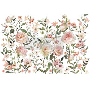 May include: A floral design featuring a variety of flowers in shades of pink, peach, and white, with green leaves and stems. The arrangement includes roses, smaller blossoms, and delicate sprigs, all set against a white background.