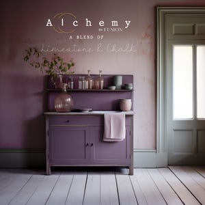 May include: A purple painted cabinet with two doors and a drawer, a shelf above the cabinet, and a white towel hanging on the cabinet door. The cabinet is in a room with a white painted floor and a green door.