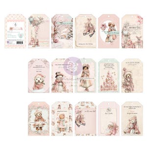 May include: A collection of fifteen rectangular paper gift tags featuring vintage-style Christmas illustrations in soft pink and cream tones. The designs include teddy bears, snowmen, gingerbread figures, ice skates, and winter scenes with text.