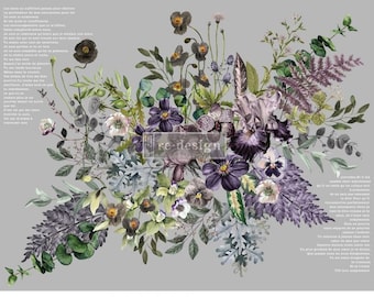 May include: A watercolor painting of a bouquet of purple, white, and green flowers. The flowers are arranged in a loose, natural style and are set against a gray background. The painting is titled "re-design".