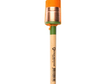 May include: A wooden-handled paint brush with a pink bristle head and a copper ferrule. The brush is wrapped in orange tape and has a green handle. The handle has the text "STAALMEESTER" and a barcode.