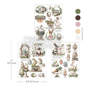 May include: Three sheets of Easter-themed decorative transfers. The sheets feature vintage illustrations of bunnies, eggs, carrots, and floral arrangements. The sheets measure 11 inches (27.9 cm) by 8.5 inches (21.5 cm). The color palette includes green, brown, pink, and cream.