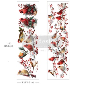May include: Two vertical decorative transfer sheets featuring illustrations of red cardinals and winter berries on snowy branches. The sheets measure 11.5 inches by 3.25 inches. The birds are depicted in various poses among green pine needles and red berries.