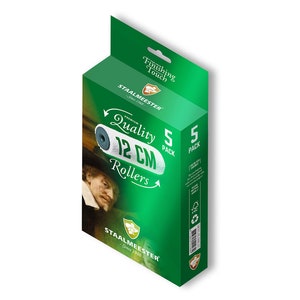 May include: A green and white box with the text "Finishing Touch" and "Staalmeester" on it. The box contains a 5 pack of 12 cm quality paint rollers.
