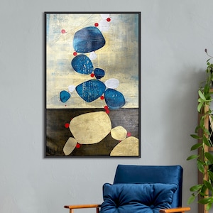 May include: Abstract painting featuring blue and gold shapes connected by red dots on a white and brown background.