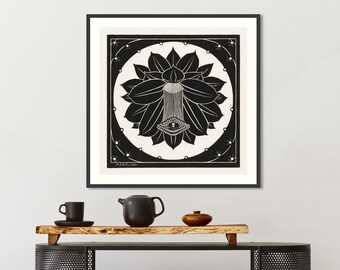 May include: Black and white print of a stylized flower with a single eye in the center. The flower is surrounded by a circle of dots and the text "A.D.C. 1903".
