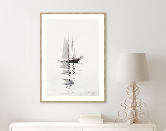 ライトオークオーバル木製フレーム絵画「2本マストのスクーナー船と