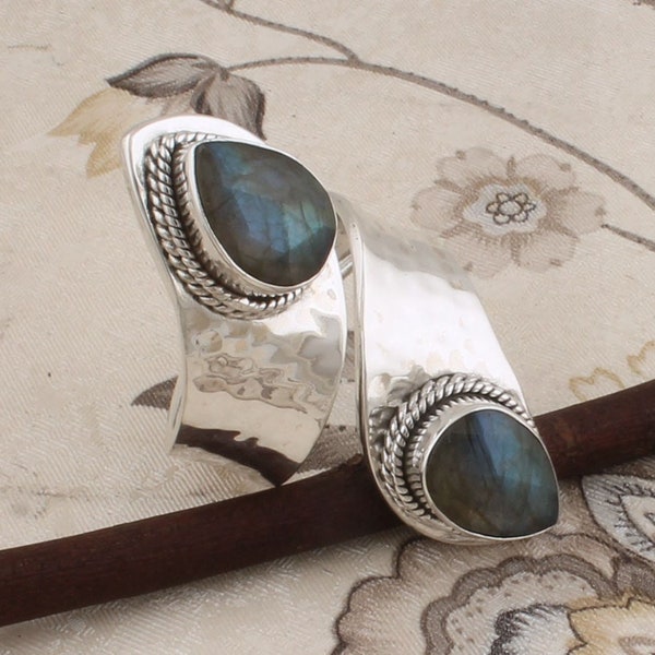 Natural Labradorite AAA+Quality Gemstone Ring,Two Pear Stone Ring,925-Antique Silver Ring,Girls Middle Finger Ring, Silver Adjustable Ring