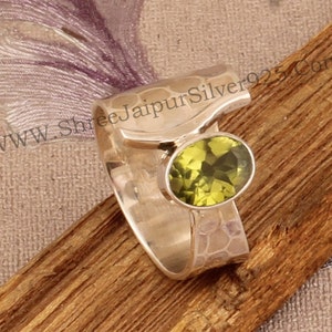 Handmade Peridot Sterling Silver Ring: Hammered Band