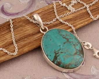 Tibetan Turquoise 925 Solid Sterling Silver Pendant Necklace, Handmade Oval Gemstone Silver Jewelry Gift Idea, Etsy Cyber 2021