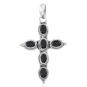 Handgjort 925 Silver Korshänge: Svart Onyx Boho Ädelsten