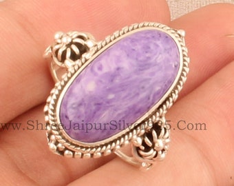 Handmade Oval Charoite Ring: 925 Sterling Silver Gemstone Jewelry