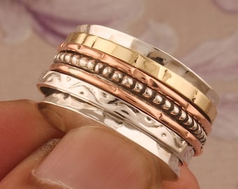 Boho Hammered 925 Sterling Silver Designer Spinner Ring For Handmade Three Tone  For Her, Silver Ring