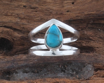 Sterling Silver Blue Copper Turquoise Ring: Handmade Pear Gemstone Jewelry
