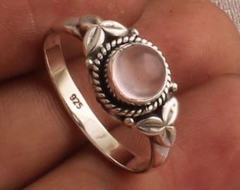 Natural Rose Quartz Silver Ring, 925 Sterling Silver Round Shape Gemstone Ring, Designer Leaves Gemstone Ring, Handmade Ring, Gift For Her