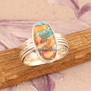 Oyster Copper Turquoise Solid 925 Sterling Silver Spinner Ring For Women, Handmade Oval Wedding Ring Boho Worry  Ring Gift