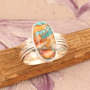 Oyster Copper Turquoise Solid 925 Sterling Silver Spinner Ring For Women, Handmade Oval Meditation Wedding Ring Boho Worry Anxiety Ring Gift