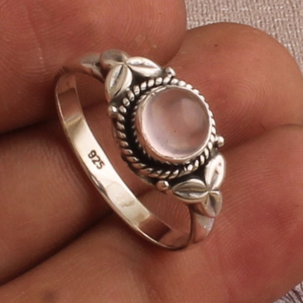 Natural Rose Quartz Silver Ring, 925 Sterling Silver Round Shape Gemstone Ring, Designer Leaves Gemstone Ring, Handmade Ring, Gift For Her