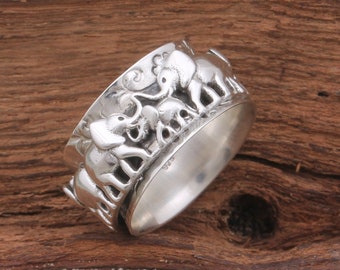 Elephant Hammered Family Ring 925 Solid Sterling Silver Ring Handmade Spinner Ring Antique Silver Ring Boho Thumb Ring Birthday Gift For Her