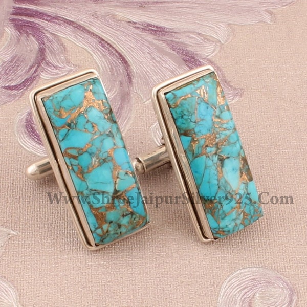 Blue Copper Turquoise Silver Cufflink, Mens jewelry 925 Sterling Silver Cufflink, Rectangle Gemstone Cufflink Handmade Cufflink Gift