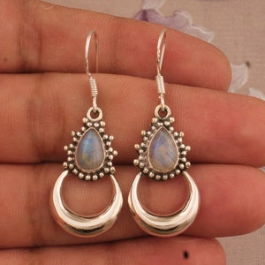 Rainbow Moonstone Silver Earrings: Handmade Pear Drop Dangle Jewelry