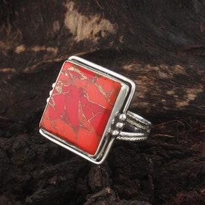 Fester 925 Sterlingsilber-Orange-Kupfer-Türkis-Quadrat-Edelsteinring, Designer-Bandring mit Gravur, handgefertigter Ring, Frauen-Schmuckgeschenk-Idee