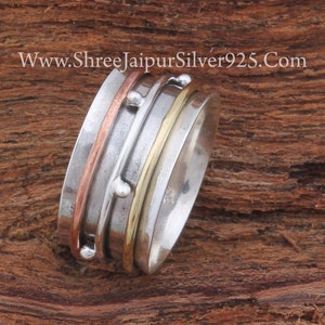 Sterling Silver Spinner Ring: Handmade Three-Tone Boho Band