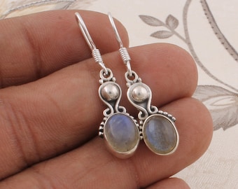 925 Silver Sterling Earring Natural Labradorite Gemstone Earring Handmade Erring Blue Fire Stone And Silver Color Earring (Simple Earring)